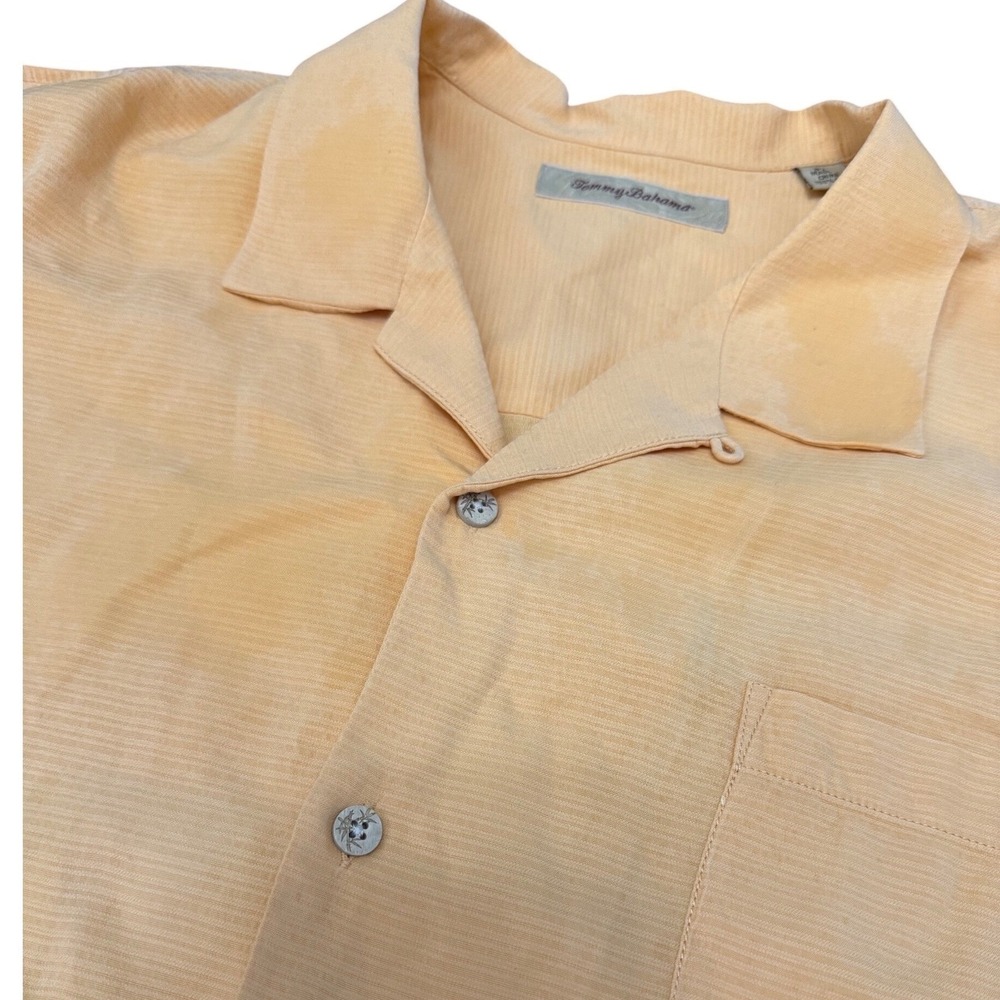 Tommy‎ Bahama Mens XXL Peach 100% Silk Ribbed Short Sleeve Camp Shirt Button Up